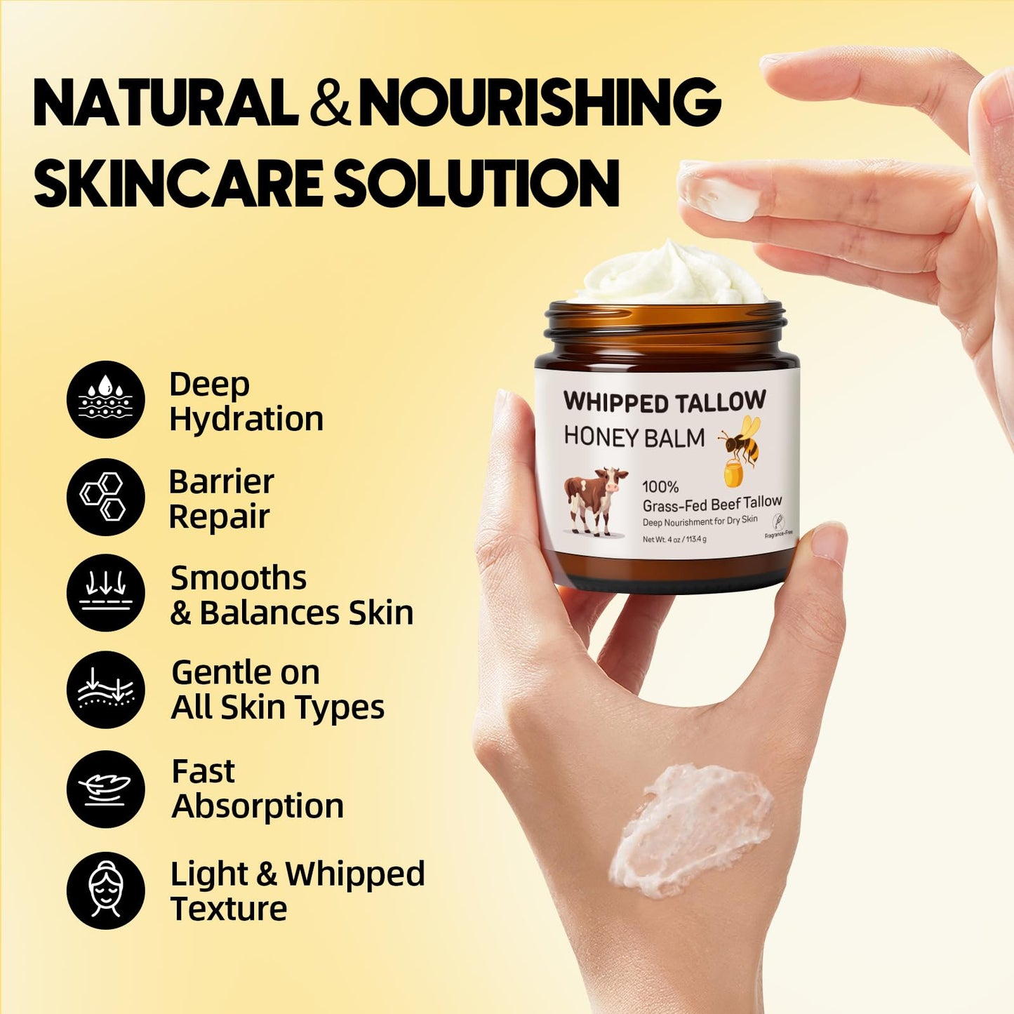 Starwise Beef Tallow for Skin, 100% Grass-Fed Whipped Beef Tallow and Honey Balm, Moisturizer for Face & Body, Natural Formula with Organic Jojoba