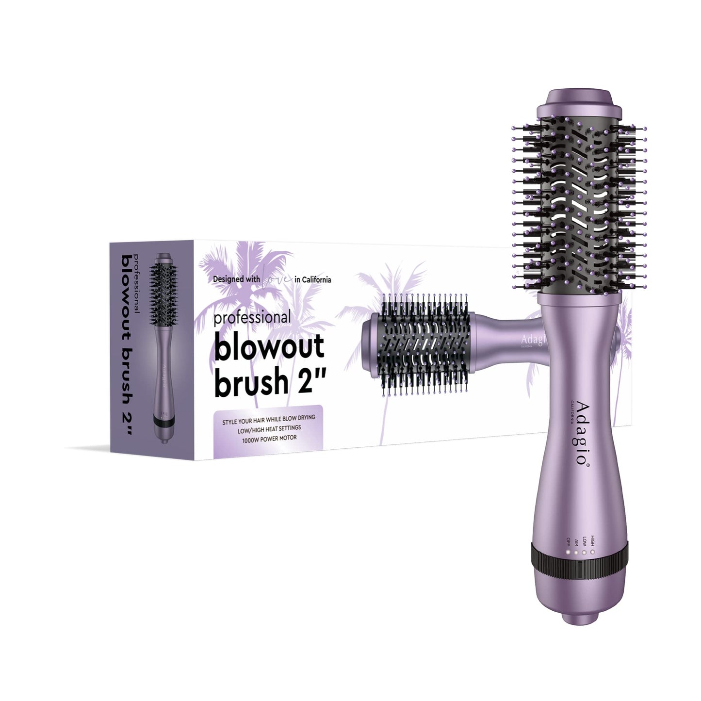 Adagio California 2-inch Blowout Brush: 2-in-1 Hot Air Brush Styler and Dryer - Negative Ion Round Brush - Hair Dryer Brush with Straightener Function