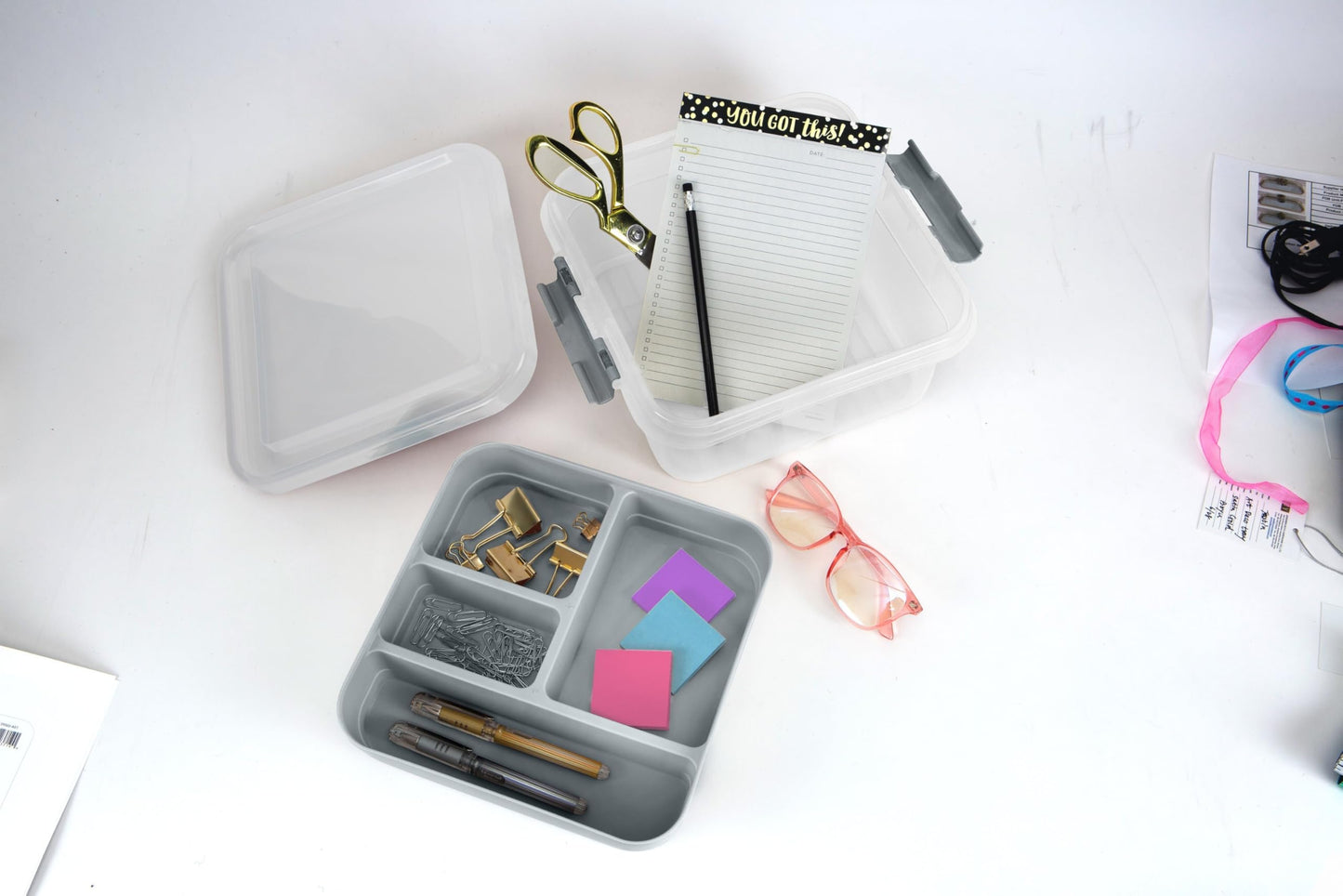 Simplify 5 Compartment Gift Supply Storage Box | 2 Tier Box | Red | Clear Top Lid | Dimensions: 9.5"x 9.5"x 4.5" | Snap Handle| Storage | Wrapping…