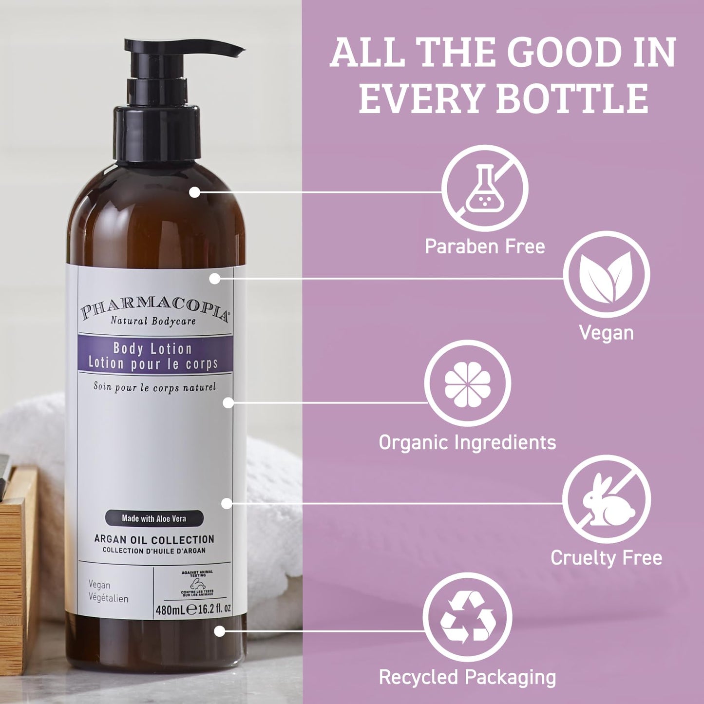 Pharmacopia Hotel Argan Oil Body Lotion - Vegan Moisturizer for Dry Skin, Lotion with Melon and Green Tea Essence - Natural, Organic and Cruelty-Free