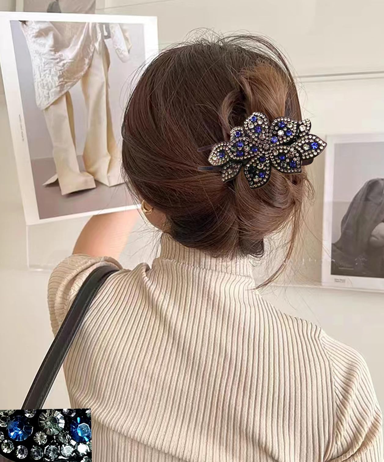 5 Pcs double flower decorative jeweled rhinestone hair clip pretty fancy floral thick crystal hair clips for women beautiful fashion designer asian