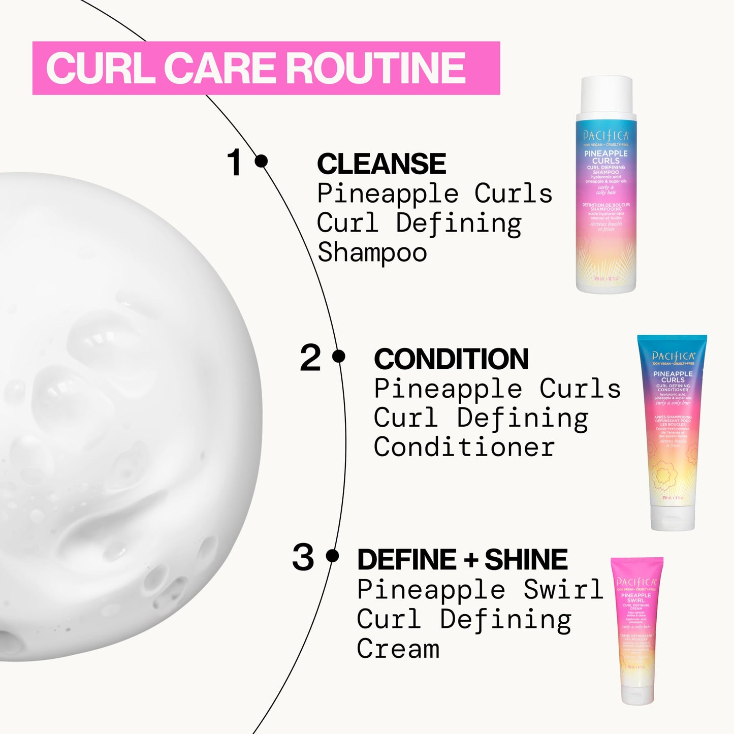 Pacifica Beauty Pineapple Curls 3-Step Hair Care Kit: Curl Defining Shampoo + Conditioner + Pineapple Swirl Curl Cream - Enhances Curls, Reduces