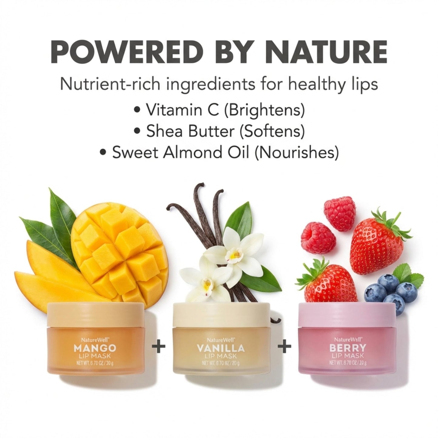 NATURE WELL Hydrating Lip Masks Variety Pack, Includes Mango, Vanilla & Berry Scents, High-Shine, Non-Greasy, Conditioning & Softening, 0.70 Ounce