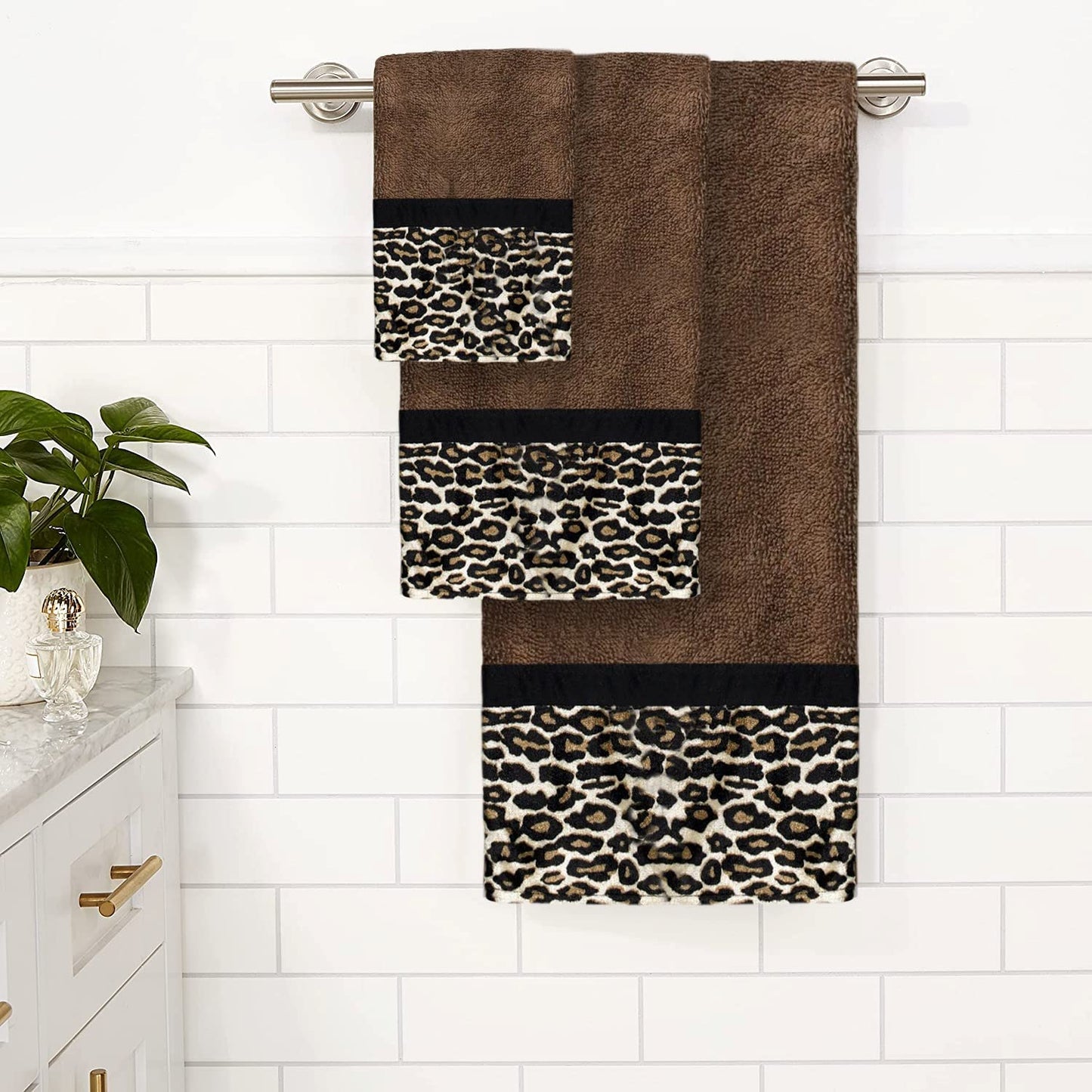 Popular Bath Bath Towels, Jezella Collection, 3-Piece Set, Animal Print, Brown, Towel Set