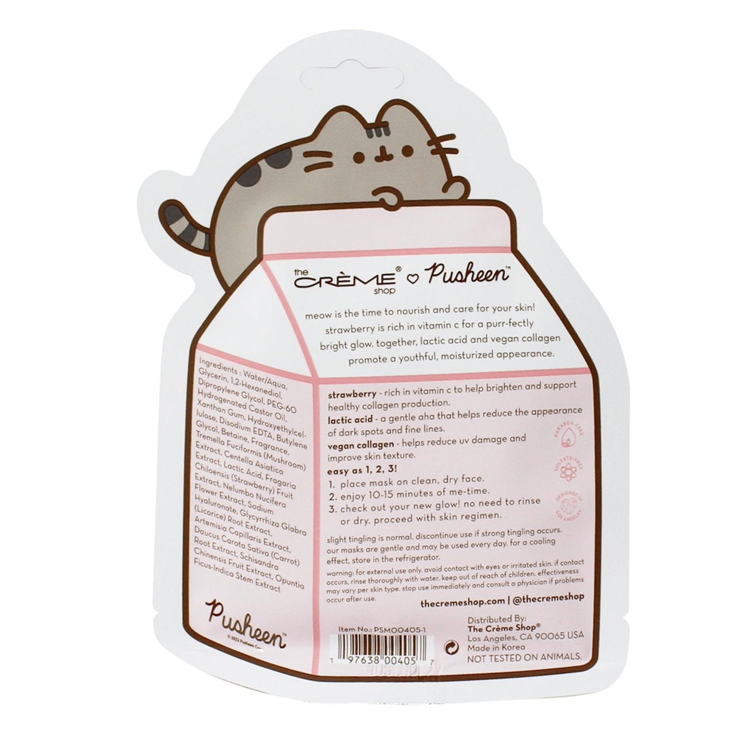 The Crème Shop x Pusheen Printed Essence Sheet Mask - Formulated with Collagen, Lactic Acid, and Strawberry for Glowing, Moisturized Skin (Strawberry