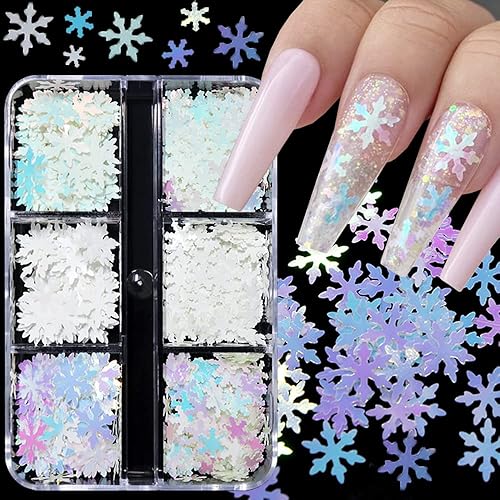 Snowflake Nail Glitter Sequins, 6 Grids Holographic Christmas Nail Art Glitter Snow Flakes Christmas Nail Design Winter Xmas Nail Sticker Decals