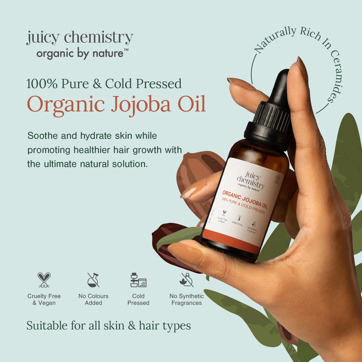 Juicy Chemistry Organic Jojoba Oil, 30 Ml Pure, Cold Pressed & Virgin Carrier Oil For Skin, Hair & Cuticles Naturally Rich In Vitamin E & Ceramides