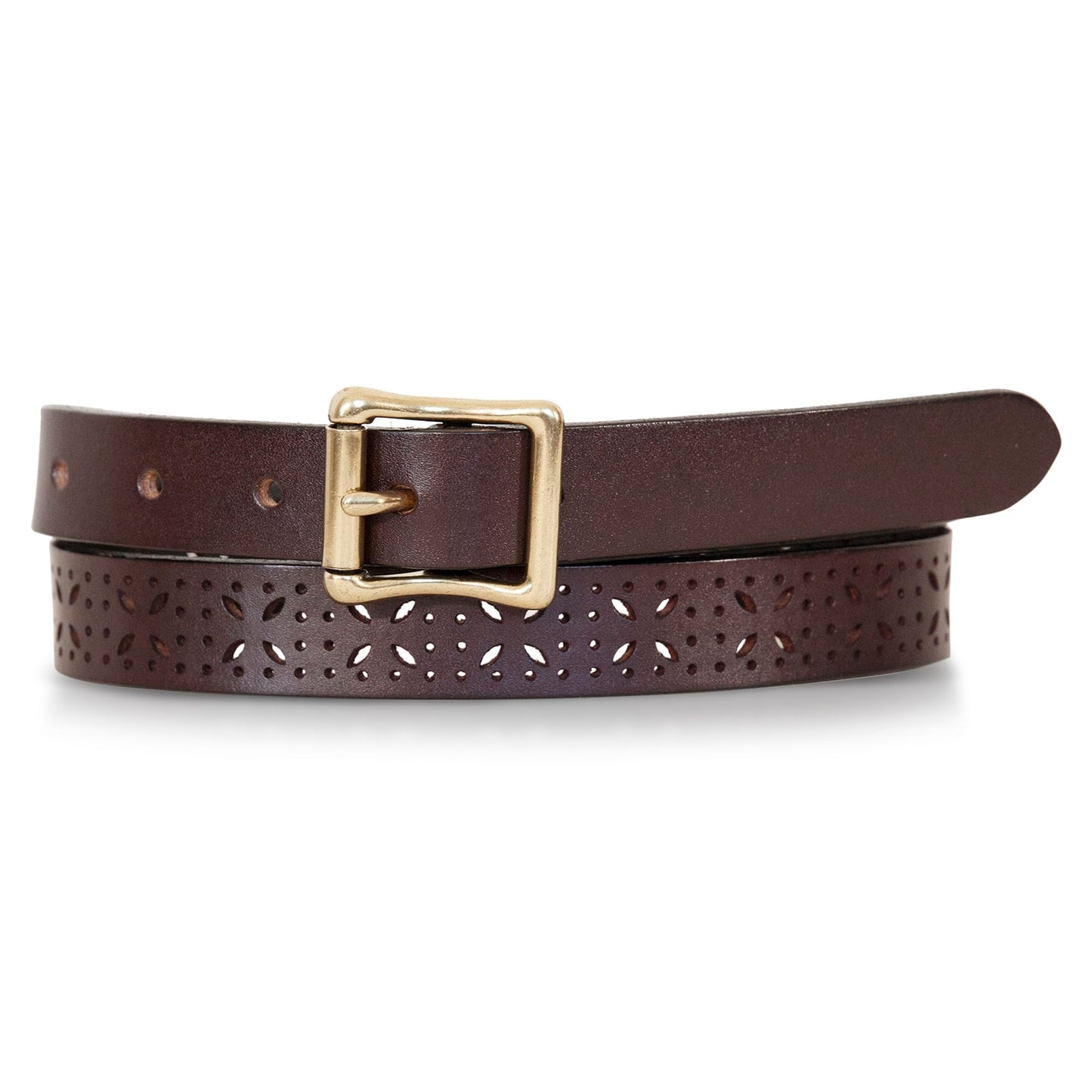 Eddie Bauer Women's Casual Leather Belts with Durable Metal Buckle, Perforated Pattern - Brown, Large