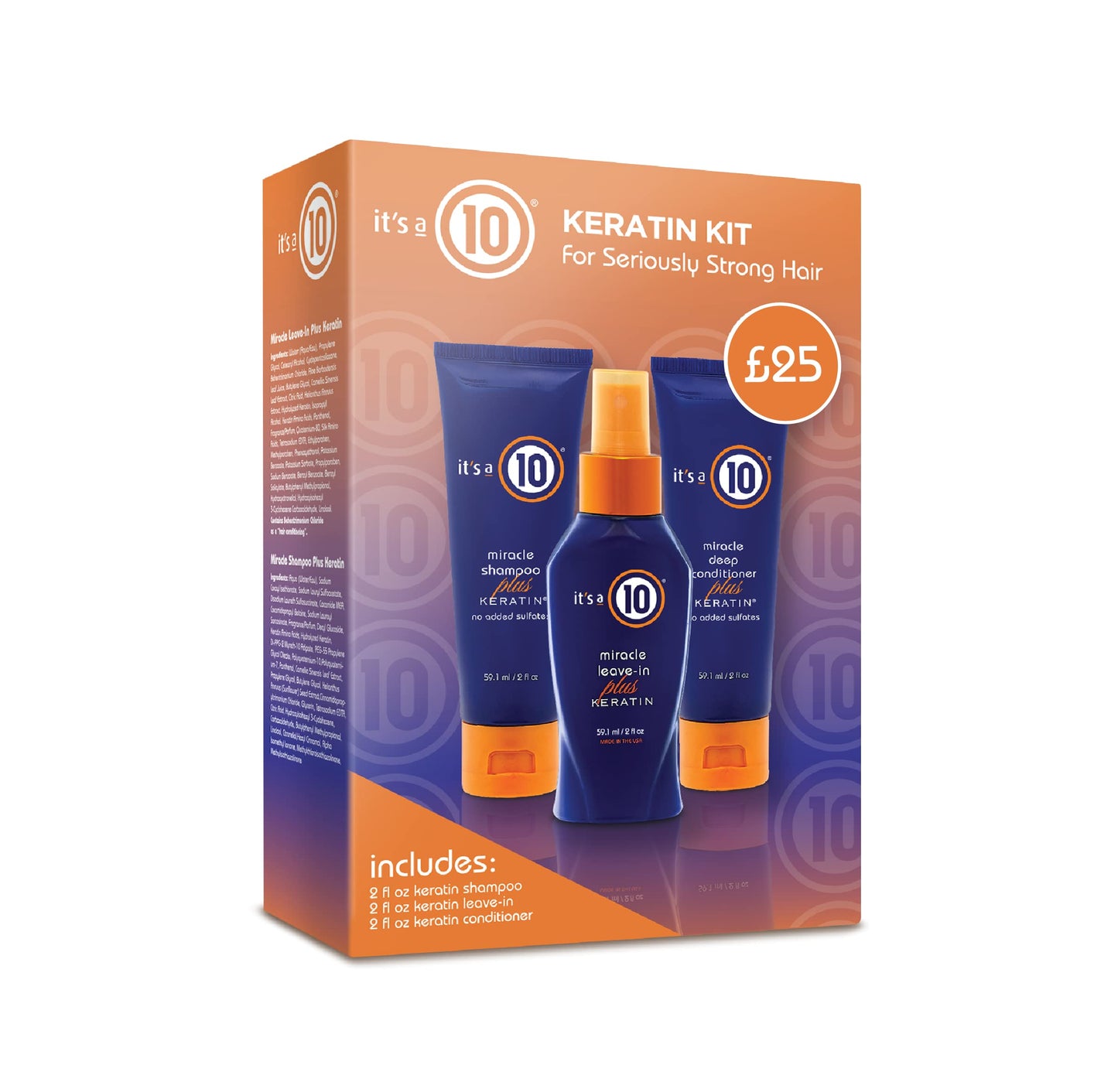 It's a 10 Haircare Miracle Leave-In Plus Keratin Travel Set - 1 x 60 ml Shampoo 1 x Miracle Leave-in 1 x Deep Conditioner
