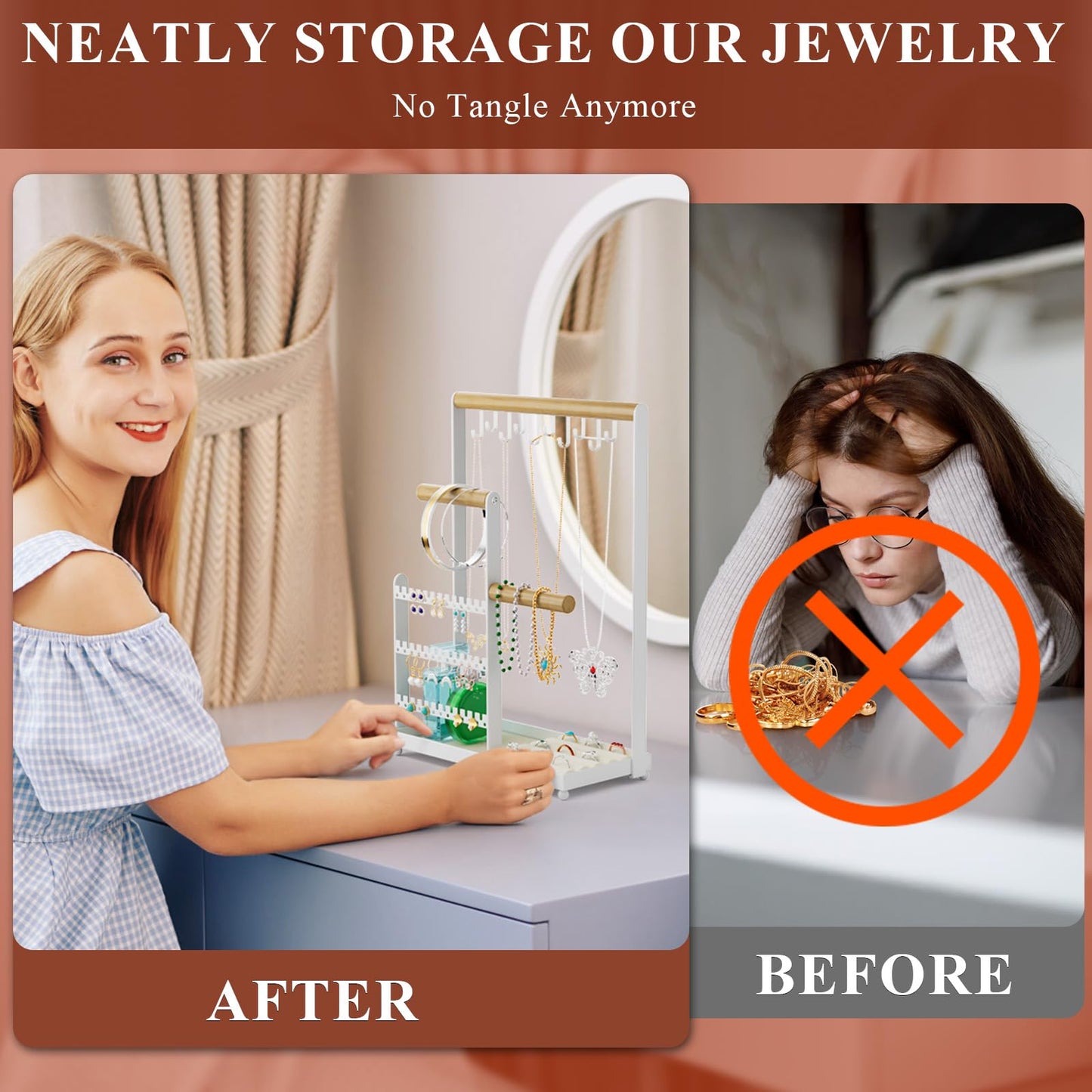 coobest Jewelry Holder Organizer Stand, Jewelry Display Rack with 36 Holes Earring Holder, 10 Hooks Necklace Organizer, Velvet Ring Holder Dish…