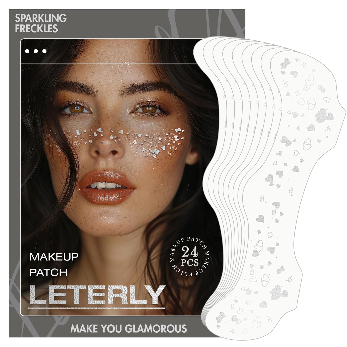 Leterly 24 Pcs Glitter Freckles Face Tattoo,Silver Face Glitter Makeup Patches Cute Sparkle Freckles Patches Waterproof Makeup Speckles for Face