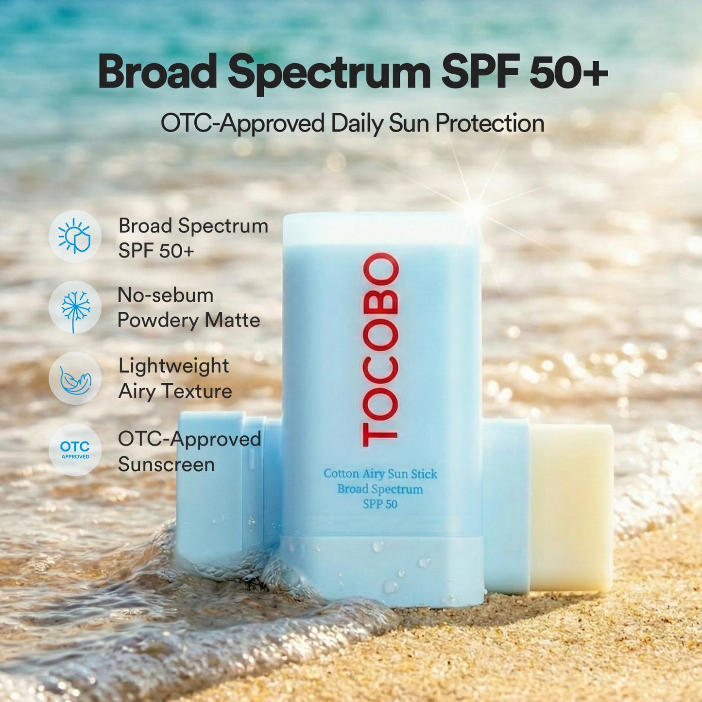 TOCOBO Cotton Airy Sun Stick SPF 50 Broad Spectrum Korean Matte Sunscreen Stick for Face - Travel Size Sebum Control Sunblock -Vegan, Lightweight Beauty and Personal Care TOCOBO