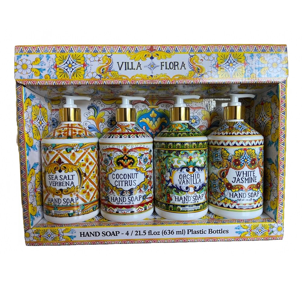 Home and Body Company Hand Soap Villa Flora Collection 16 FL/473ml Bottles infused with Essential Oils (SET OF 4) Sea Salt Verbena, Coconut Citrus