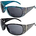 Global Vision Set of 2 Galaxy Womens Bifocal Fashion Motorcycle Sunglasses Readers Chrome Rhinestones Black & Blue Frames 2.5 Magnification