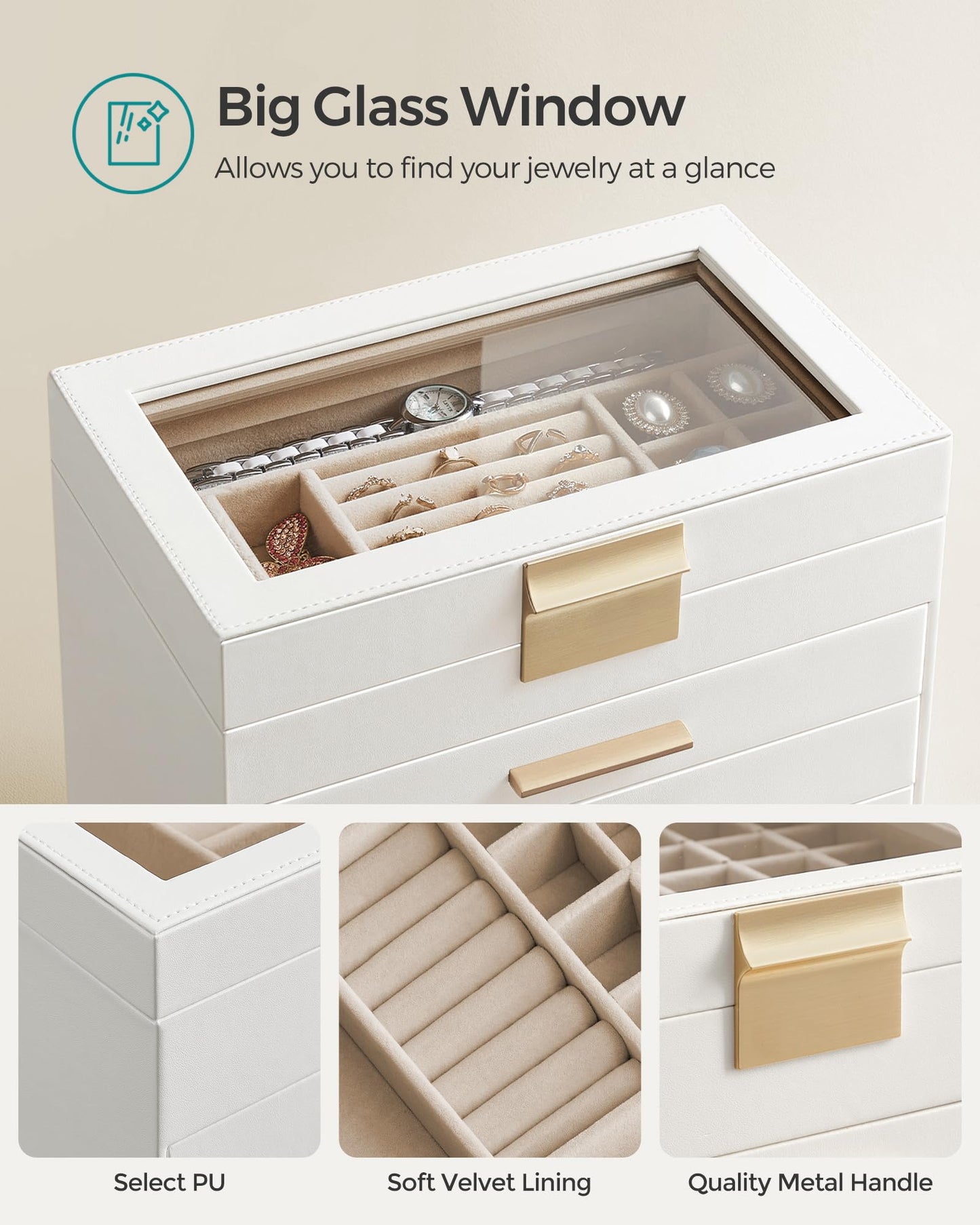 SONGMICS Jewelry Box Organizer with Glass Lid, 6-Layer Jewelry Storage, with 5 Drawers, Modern Style, 6.4 x 9.9 x 11.4 Inches, Cloud White and Gold…
