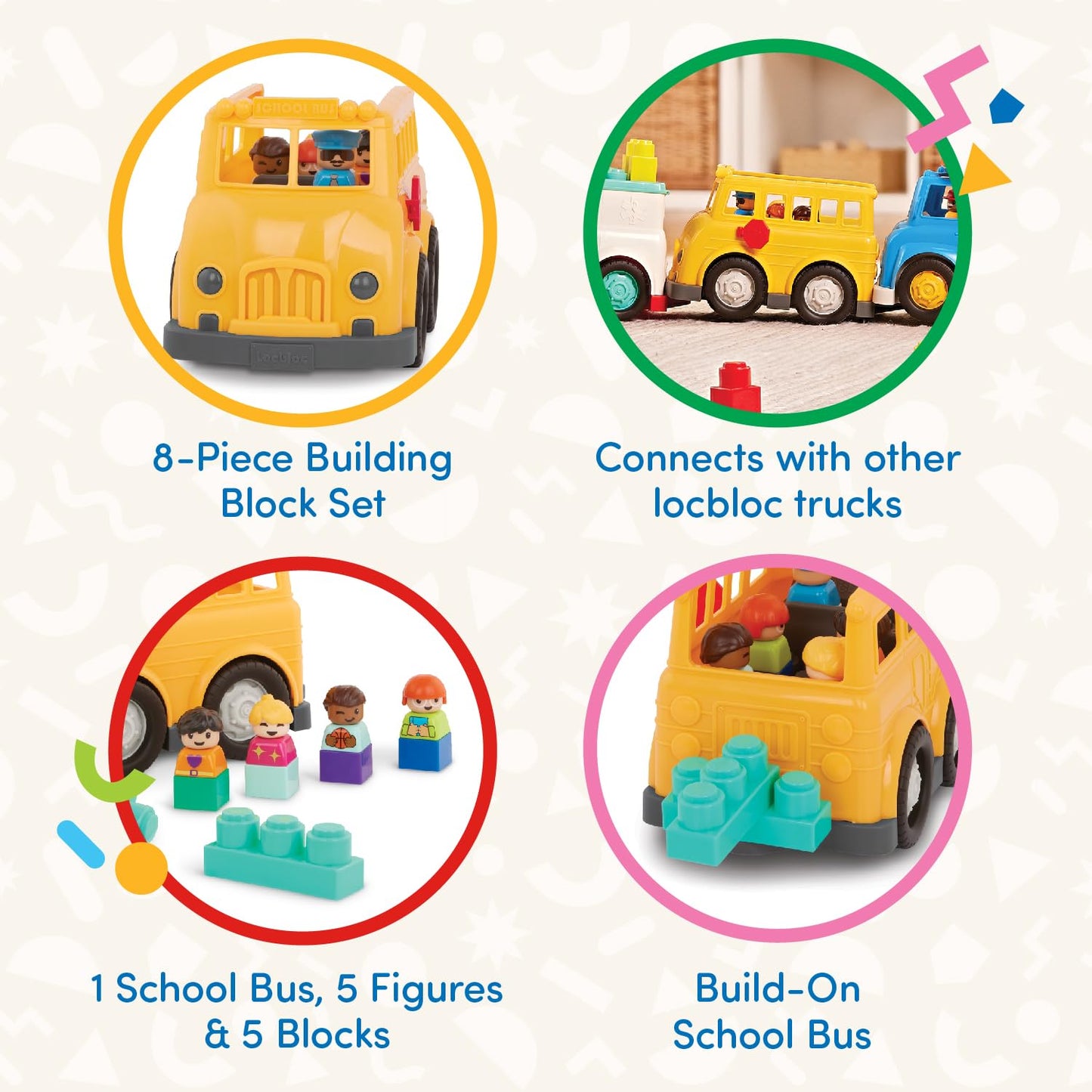 Battat - School Bus - 8 Pieces Construction Set - 5 Figures & 2 Blocks - Build - On Vehicle - 12+ Months - Locbloc® School Bus