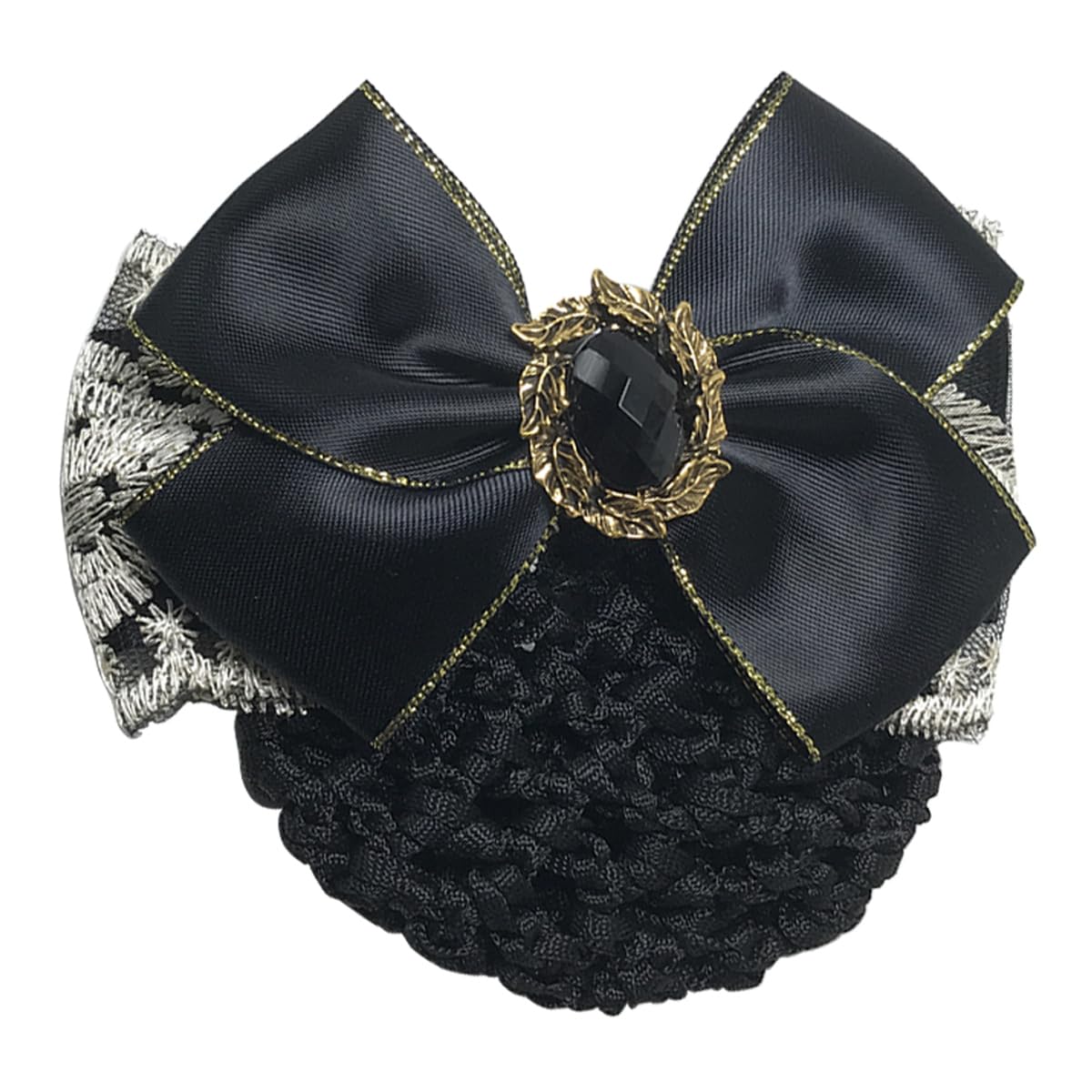 1PCS Lace Ribbon Bowknot Rhinestone Snood Net Elastic Hair Clip Barrette Bun Cover Black