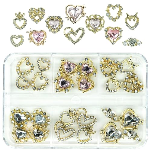 24pcs Heart Nail Charms Luxury Alloy Charms for Nails, qiipii 12 Pair 3D Gold Nail Art Rhinestones Nail Gems Golden Nail Crystal Diamonds Jewelry Beauty & Personal Care qiipii