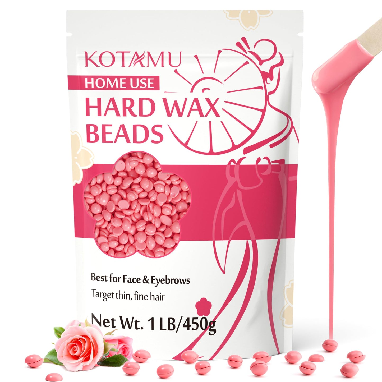 KOTAMU Wax Beads for Hair Removal - Professional Waxing for Sensitive Skin, Targets Thin Fine Hair, 1lb Pink Beads Ideal for Home Waxing Face Beauty and Personal Care KOTAMU