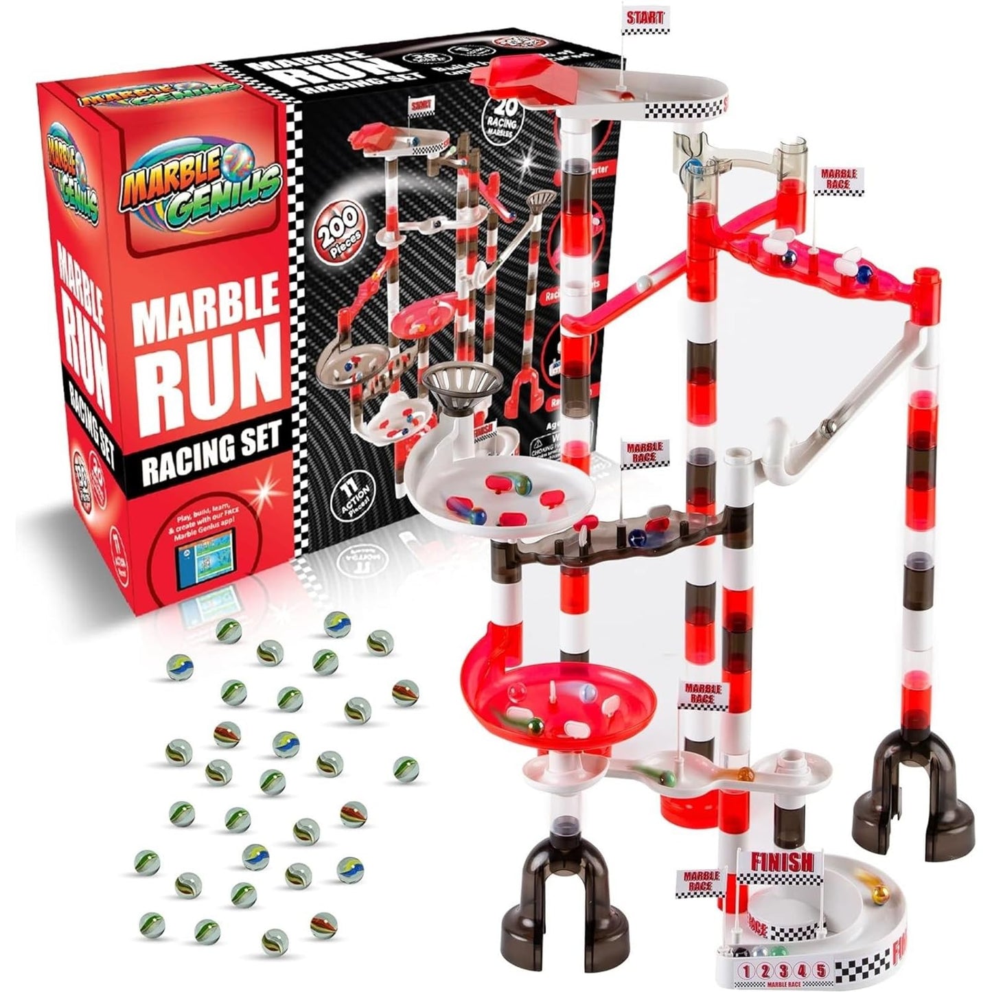 Marble Genius 200pcs Marble Run Racing Set – STEM Marble Maze Tower & Race Track Building Toy for Kids, Educational Learning Gift