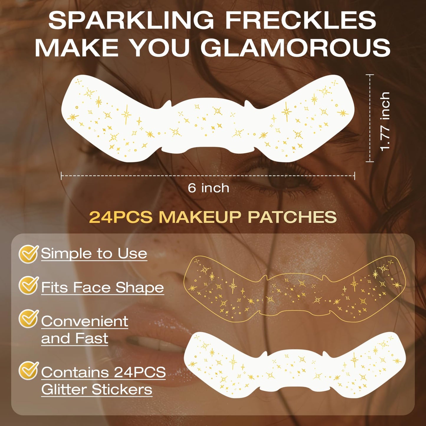Leterly 24 Pcs Glitter Freckles Face Tattoo,Gold Face Glitter Makeup Patches Cute Sparkle Freckles Patches Waterproof Makeup Speckles for Face