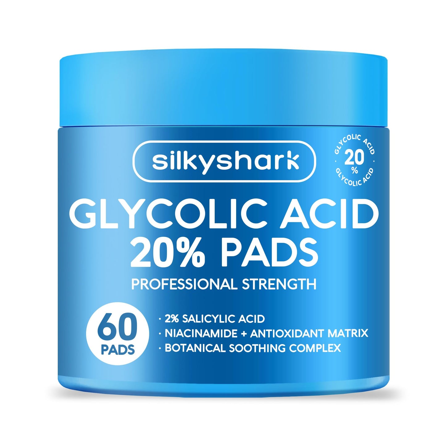 SilkyShark Glycolic Acid 20% Resurfacing Pads (60 Count), 20% Ultra Pure Glycolic Acid + 2% Salicylic Acid, Exfoliating Peel Pads for Face & Body