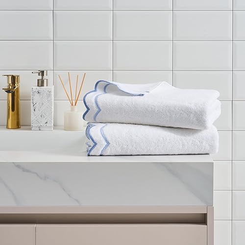 Peri Home 2 Piece Bath Towel Set, 500 GSM, 100% Cotton Towel for Bathroom, Embroidered, Soft & Absorbent, White with Blue Scallop