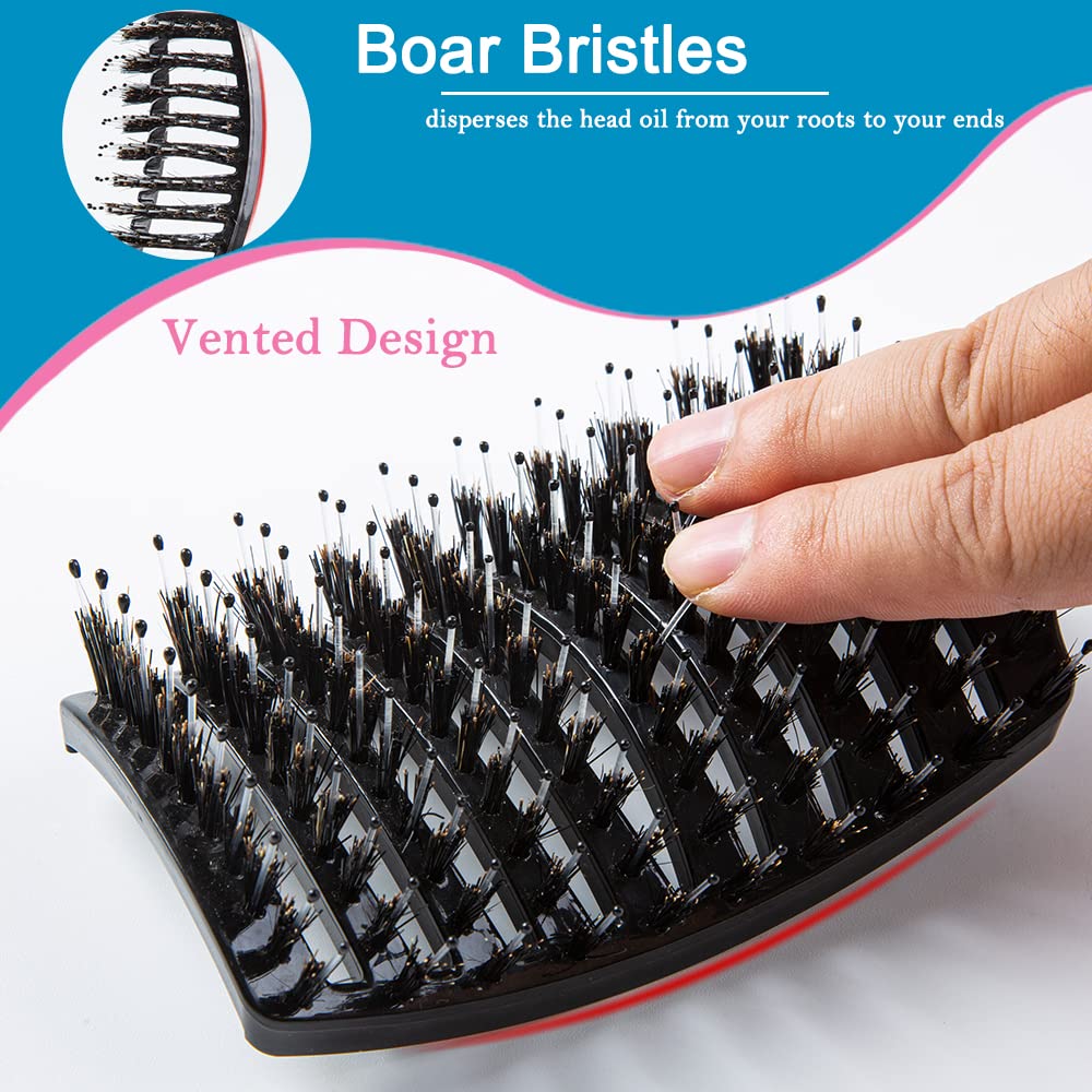 TaiBest Boar Bristle Hair Brush Set - Dry/Wet Hair Brushes Detangler for Fine, Thick, Curly Hair - Curved and Vented Hair Brush for Women, Men or Kids