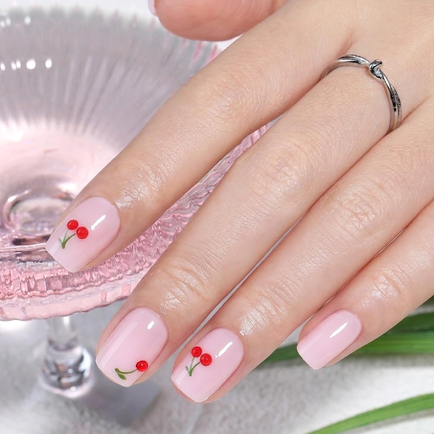 UNA GELLA Short Square Press On Nails Soft Gel - 32Pcs 16 Sizes Milky Pink Base Cherry Fake Nails with Glue and Adhesive Tabs, Reusable Glue On Nails Beauty and Personal Care UNA GELLA