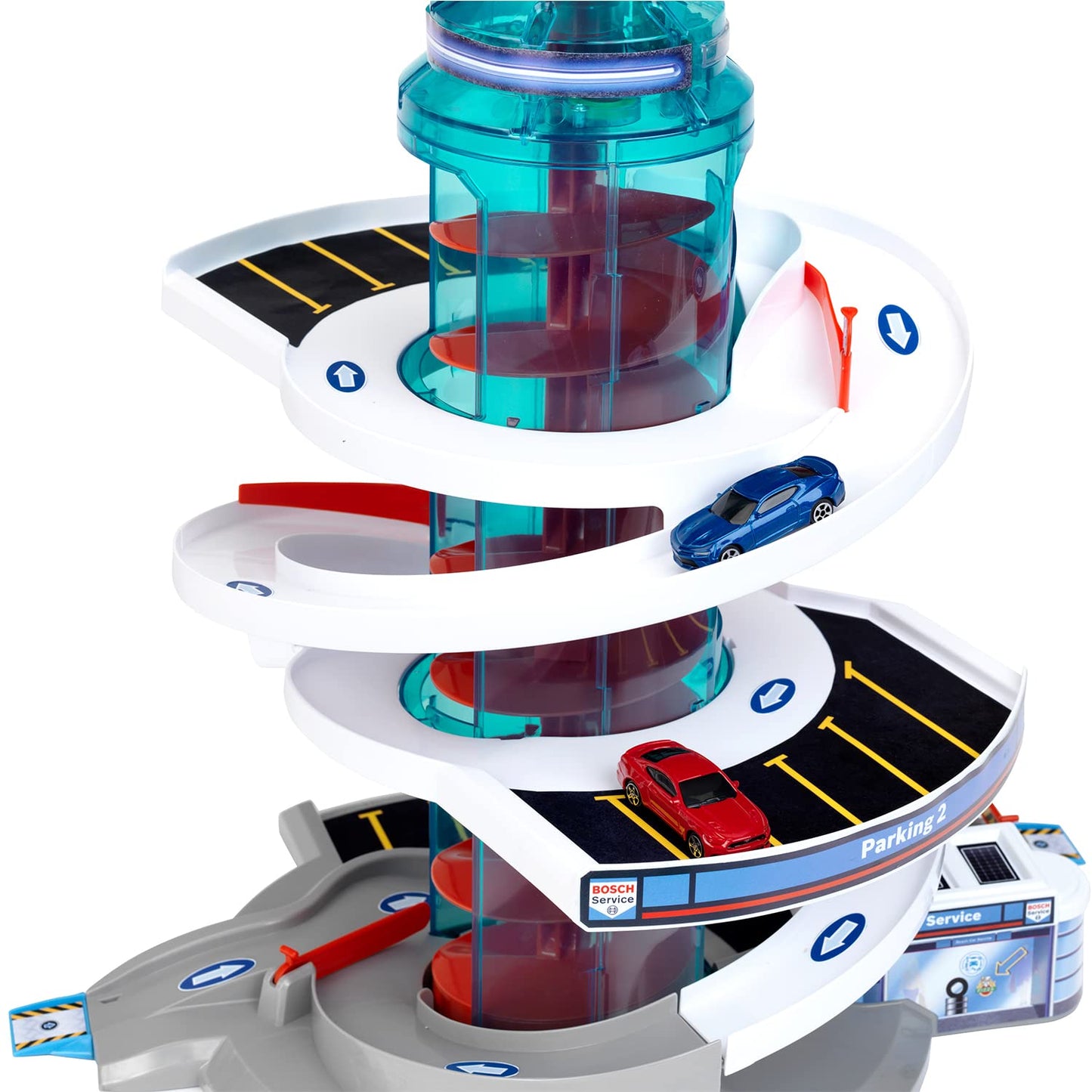 Theo Klein Bosch Car Service Helix Shaped Multi Story Parking Garage Pretend Playset Toy with 2 Toy Cars for Kids Aged 3 and Up
