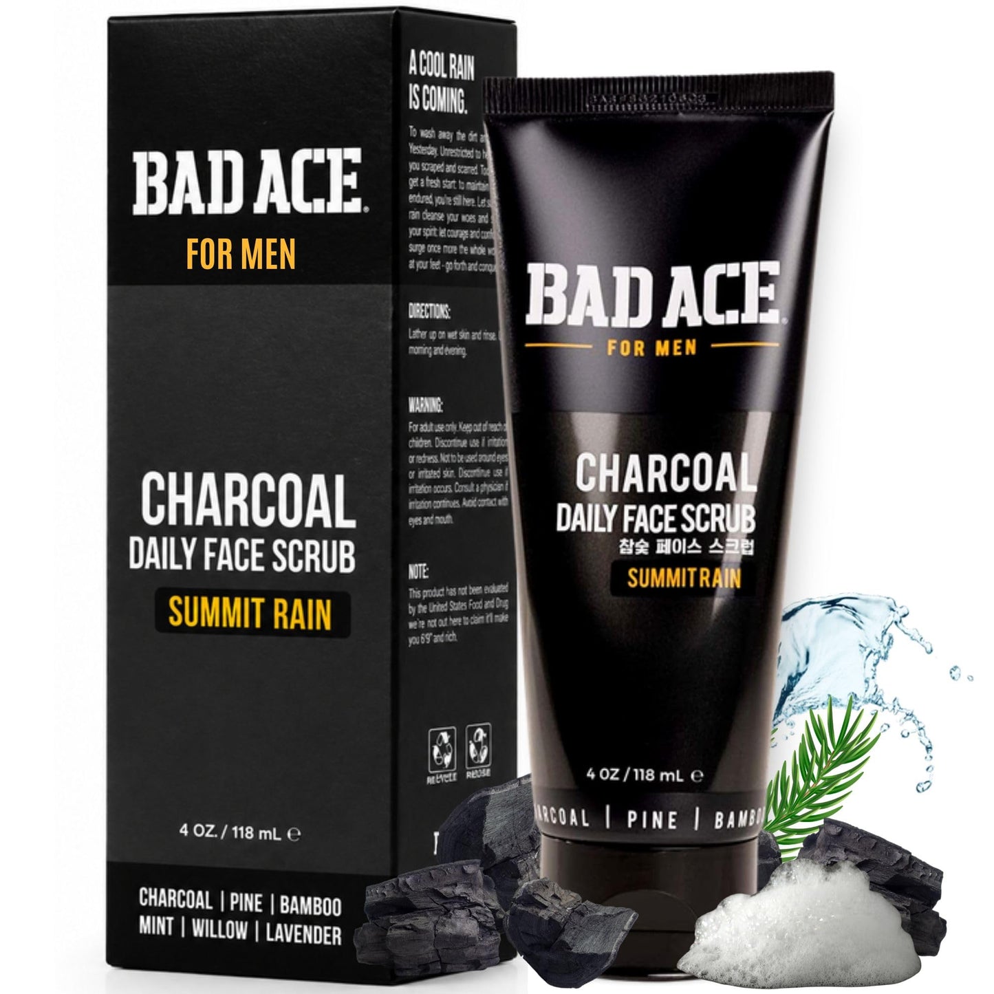 BAD ACE Daily Men's Charcoal Face Wash with Scrubs, Korean Exfoliating Face Wash - Premium Mens Face Scrub, Deep Cleansing Skin Care | Men's Facial