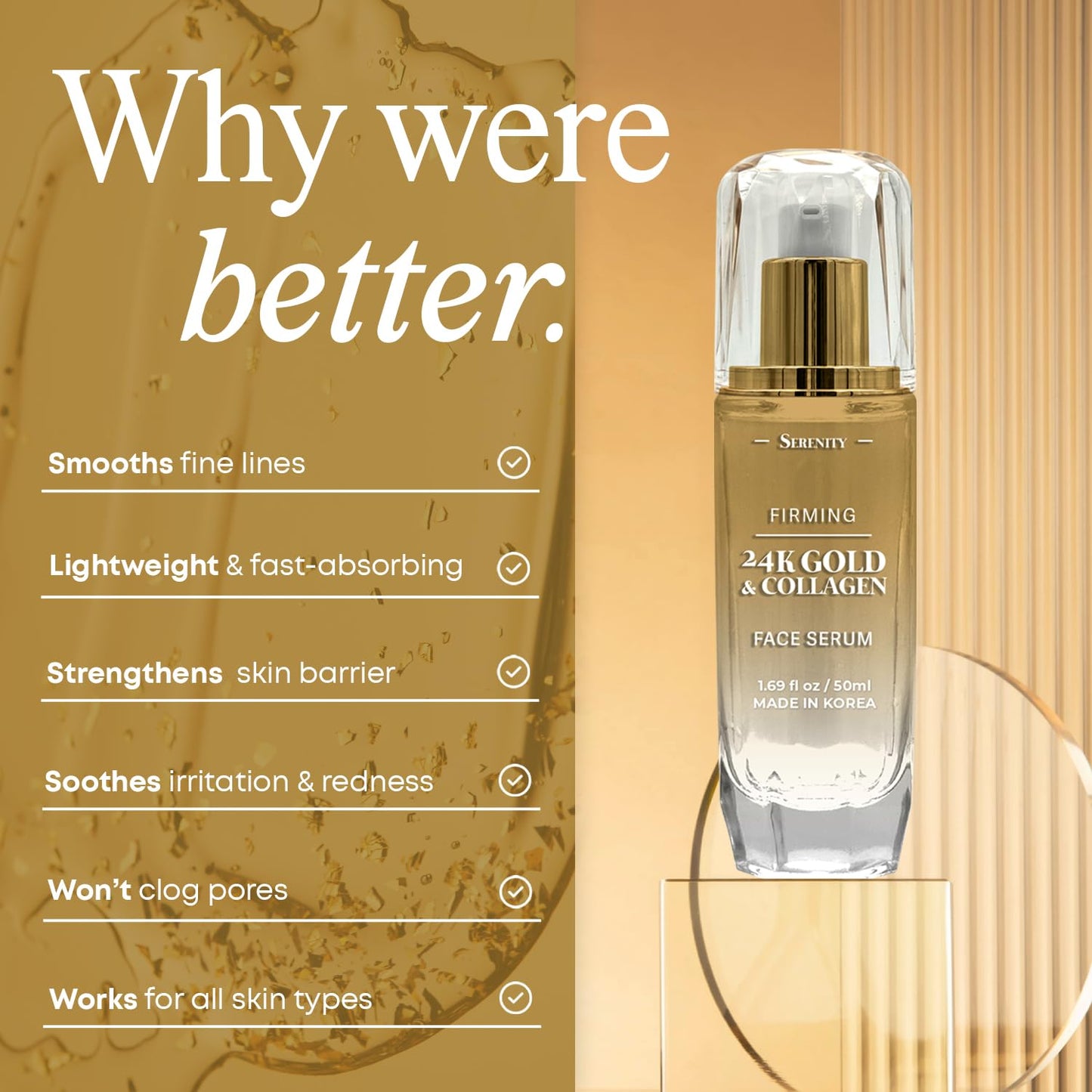 Serenity Dew 24K Gold & Collagen Face Serum - Dermatologist Tested Anti-Aging Korean Skin Care - Calms, Soothes, Hydrates & Firms Skin - Vegan Clean
