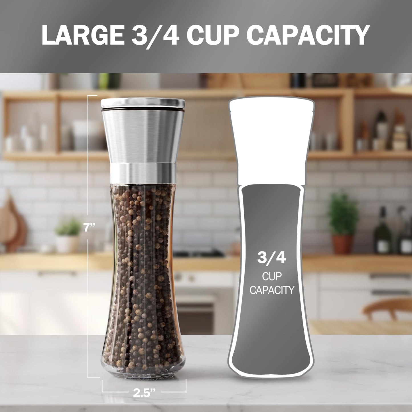Home EC Premium Stainless Steel Salt & Pepper Grinder Set – Adjustable Ceramic, Tall Glass Shakers with Funnel & Recipe eBook