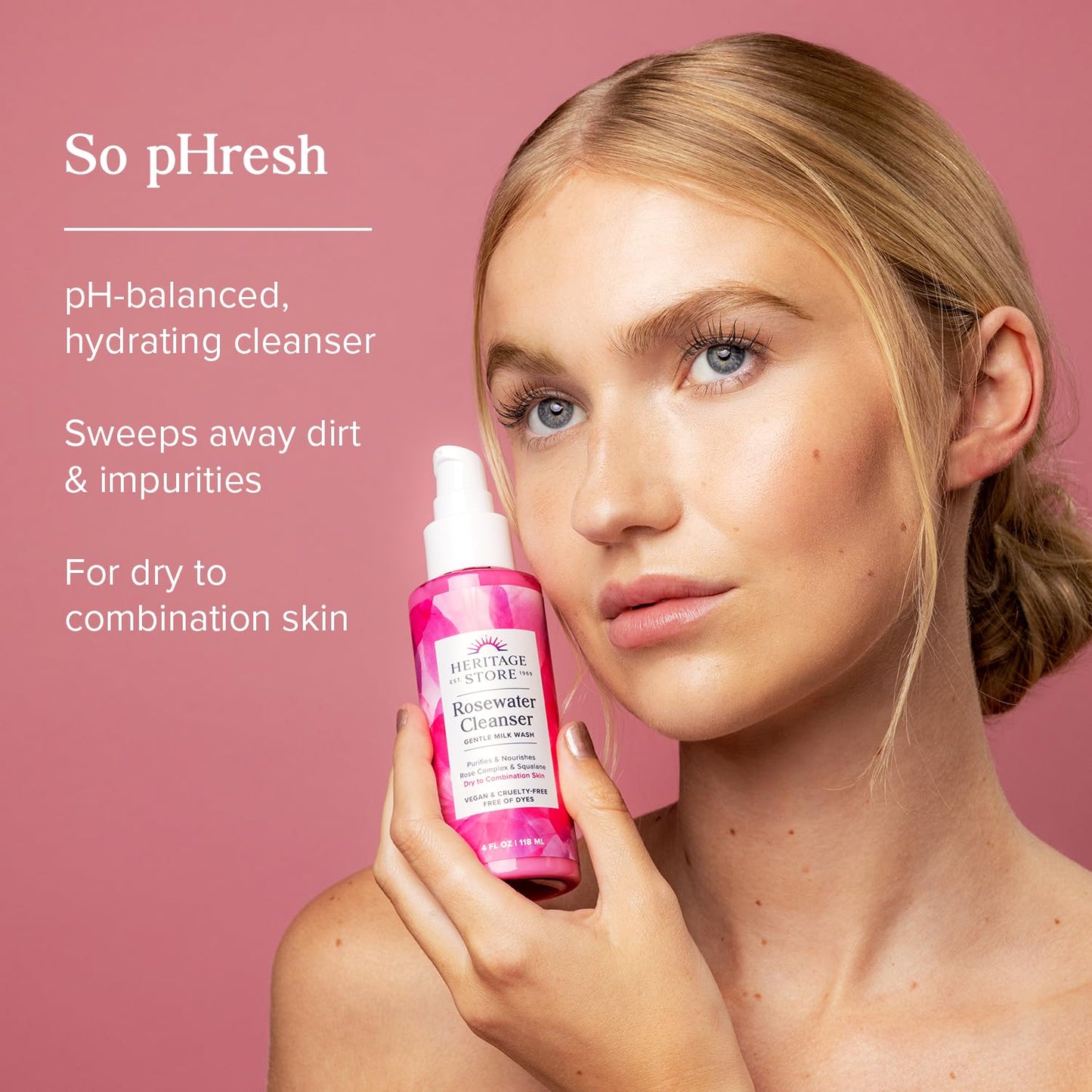 HERITAGE STORE Rosewater Facial Cleanser - Milk Face Wash Purifies and Nourishes w/Squalane, Rose Complex, Dry Skin to Combination Skin Care