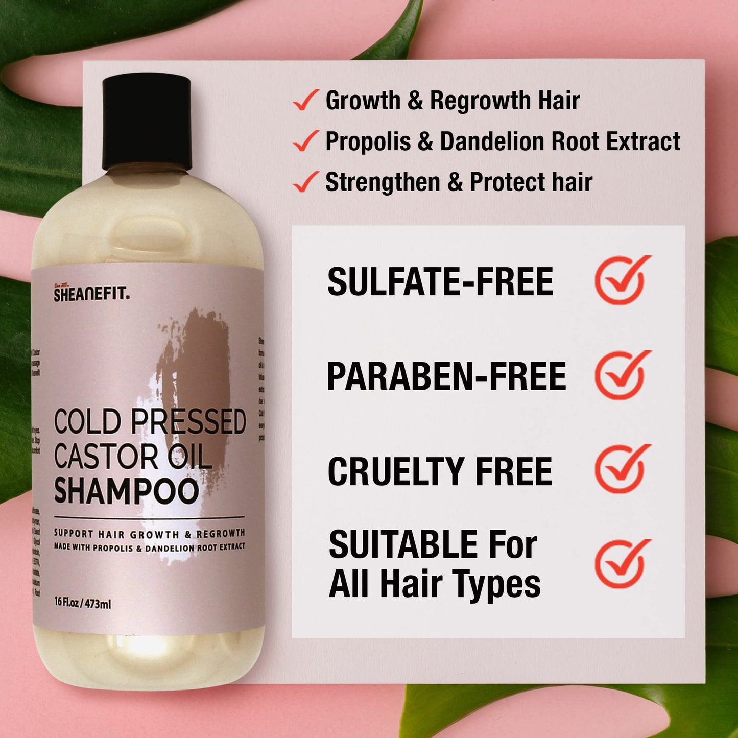 Sheanefit Cold Pressed Castor Oil Daily Shampoo Conditioner 16oz Set Support Hair Growth Nourish Strengthen Hair (Castor Oil Shampoo - 16oz)