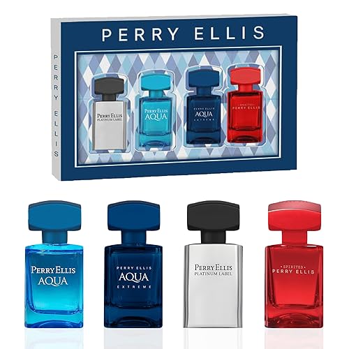 Perry Ellis Men's 4-Piece Mini Cologne Set for Men - Cologne Gift Sampler Set, EDT, Perfume Samples, Travel Size - Aqua, Aqua Extreme, Platinum