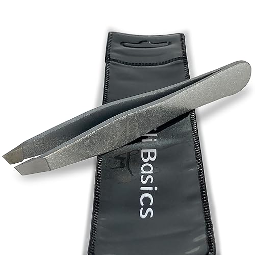Zizzili Basics Tweezers - Surgical Grade Stainless Steel - Slant Tip for Expert Eyebrow Shaping and Facial Hair Removal - with Bonus Protective Pouch