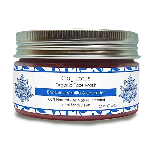 Clay Lotus Organic Face Wash - Hydrating Cleanser for Dry, Mature Skin. Anti-aging, Natural Formula for Reduced Wrinkles and Restored Radiance- Vegan