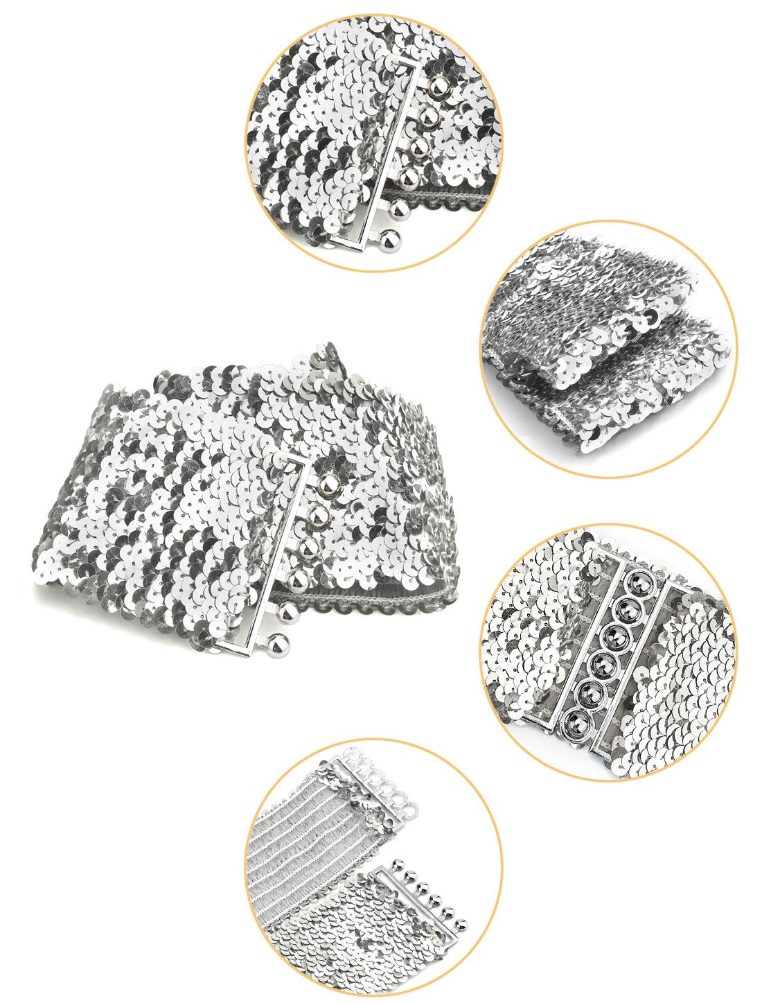 Allegra K Woman Sequin Detail 7cm Wide Textured Strentchy Waist Cinch Belt Waistbelt Silver Tone One Size