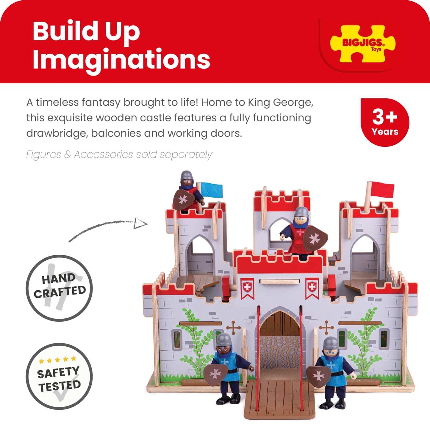 Bigjigs Toys King George's Castle – Wooden Medieval Fort Playset with Drawbridge, Balconies & Doors, Fantasy Role Play Toy for Kids 3+