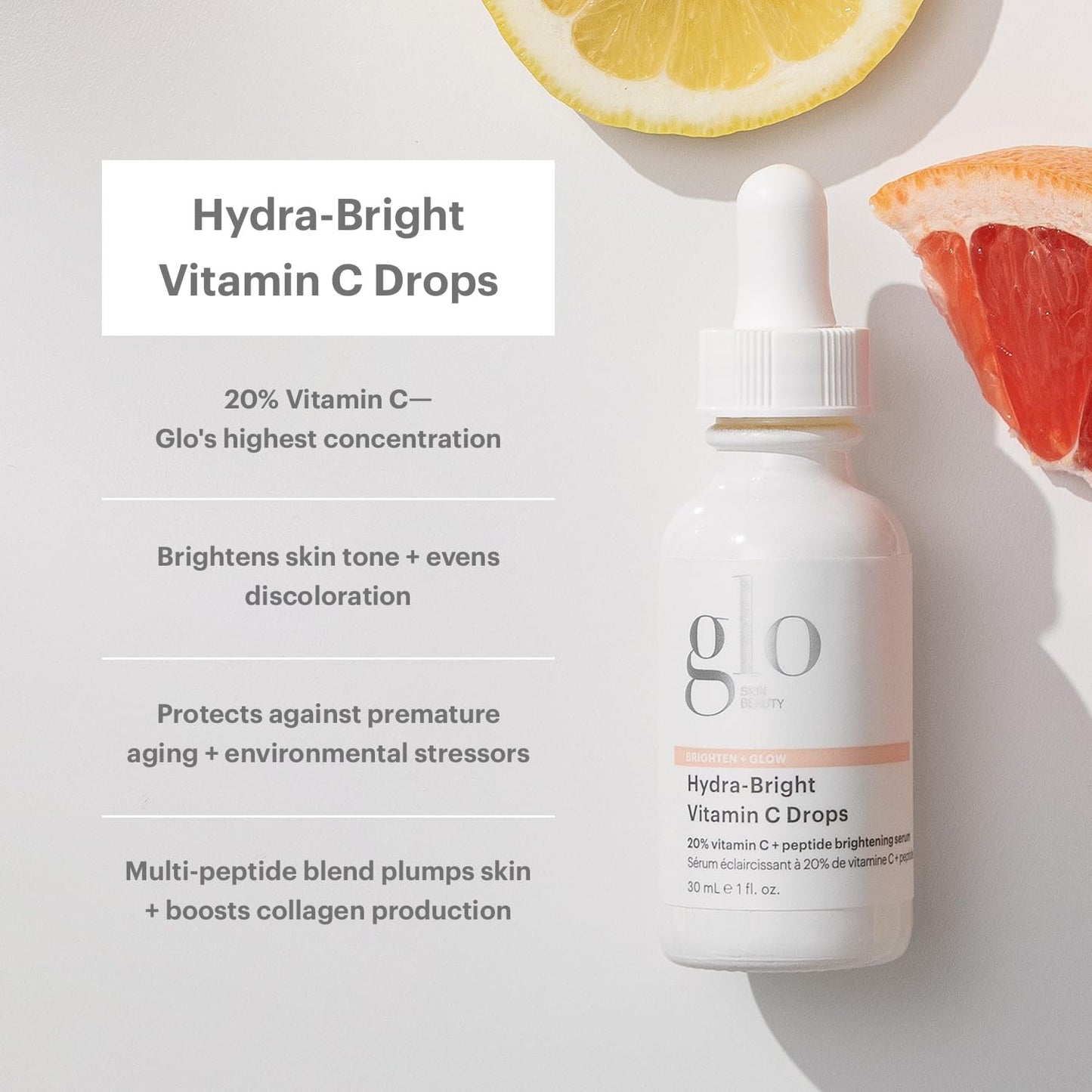 Glo Skin Beauty Hydra-Bright Vitamin C Drops - 20% Vitamin C + Peptide Brightening Serum - Formerly Daily Power C+ Serum