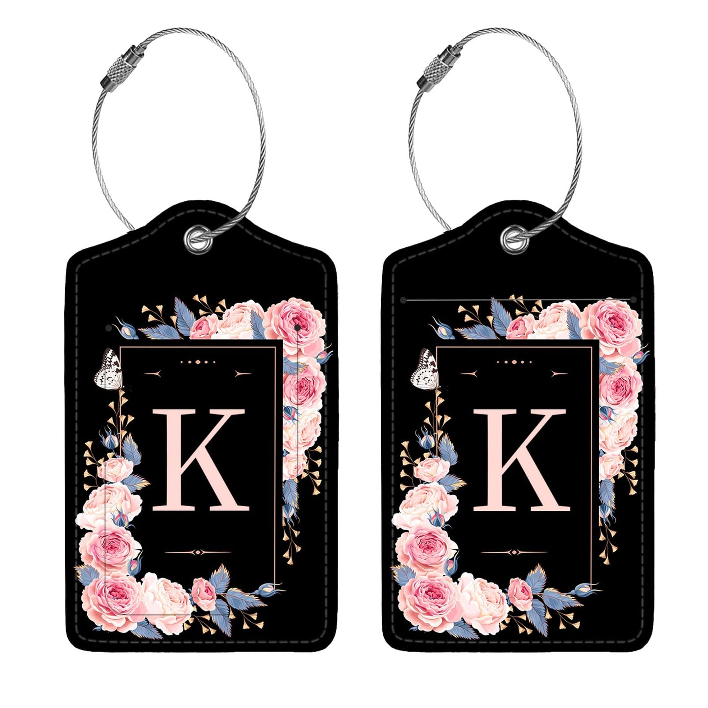 2 Pcs PU Leather Luggage Tags – Suitcase ID Tags with Privacy Shield & Address Card for Travel Bags, Backpacks & Handbags (Flower & Monogram K)