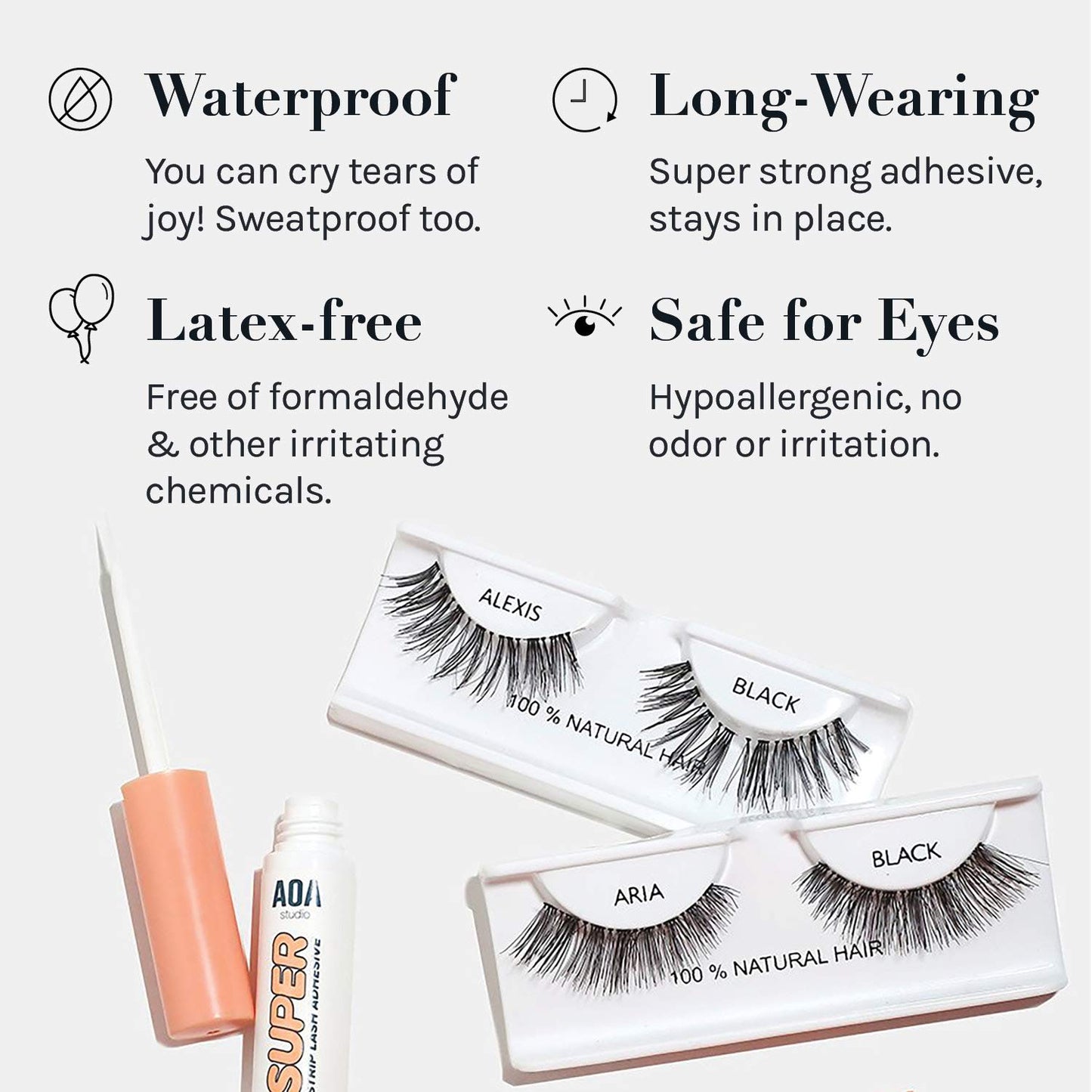 AOA Studio Eyelash Lash Glue Enhancers 4pcs Strip Lash Adhesive Strong Hold Water Proof Formula No Irritation Latex Free Long Lasing Quick Dry Eyelash