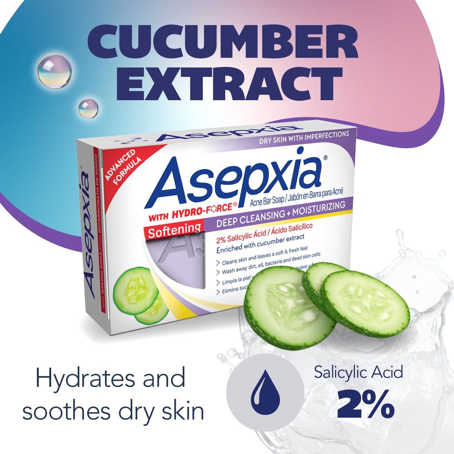 Asepxia Acne Treatment Softening Bar Soap | 2% Salicylic Acid Cleanser, Wash away Oil & Impurities, Soothes with Cucumber Extract, Daily Use