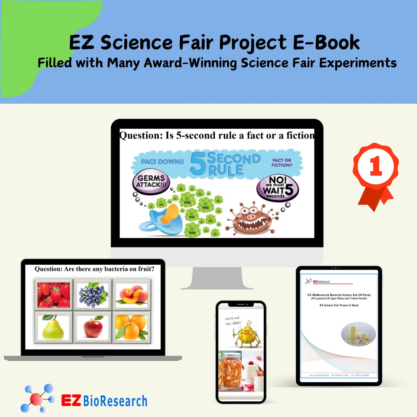 EZ BioResearch Bacteria Science Kit IV – Top Science Fair Project Kit with Pre-poured LB-Agar Plates, Cotton Swabs & Free E-Book with Experiments