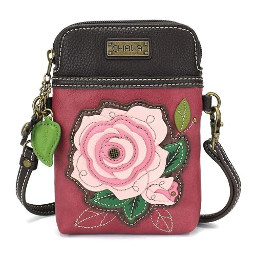 CHALA Plant Life Collection Cell Phone Crossbody Purse-Women PU Leather/Canvas Multicolor Handbag with Adjustable Strap - Rose A - pink