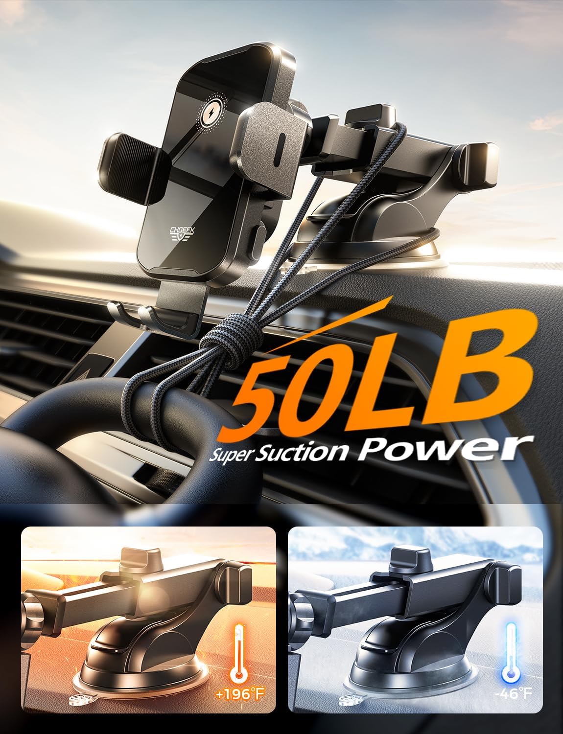 CHGeek Wireless Car Charger Phone Holder Mount, 15W Fast Charging Auto Clamping Phone Holders for Your Car Dashboard Windshield Air Vent Car…