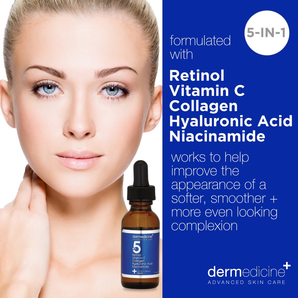 5 in 1 Potent Face Serum with Retinol, Vitamin C, Collagen, Hyaluronic Acid, Niacinamide | May Help Improve Appearance of Fine Lines and Reduce