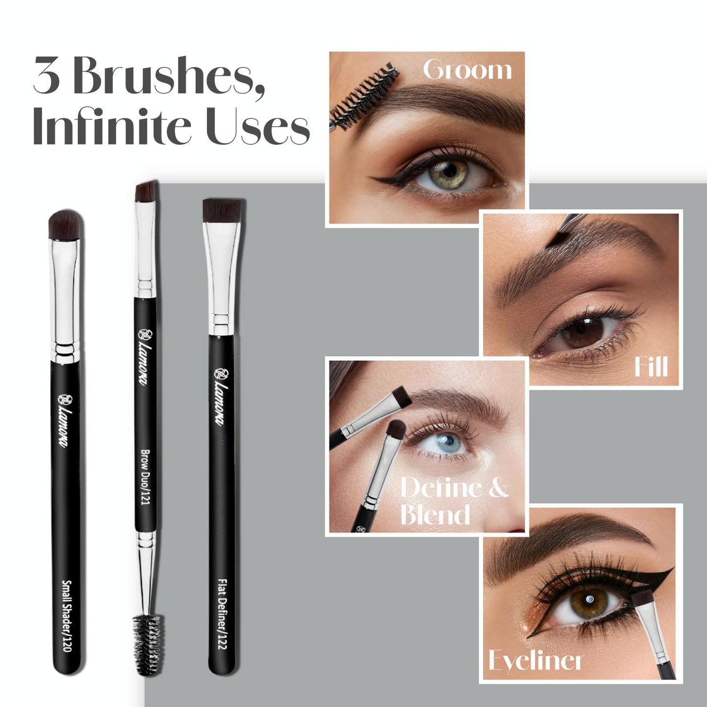 Eyebrow Brush - Duo Eye Brow Spoolie - Angled Eyeshadow Eyeliner - Precision Flat Definer - Small Shader - 3 Piece Makeup Brush Set - Cruelty Free