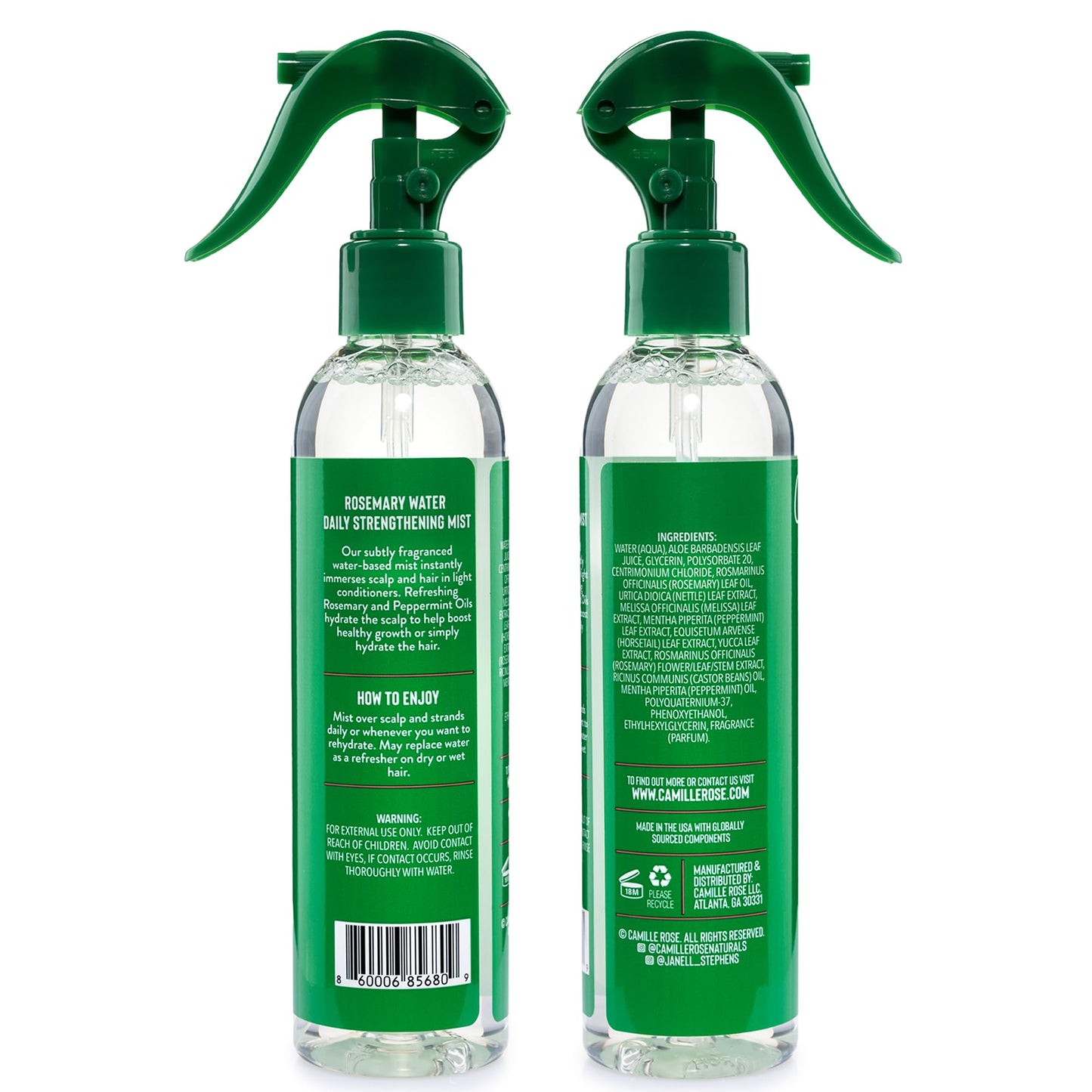 Camille Rose Rosemary Water, Daily Hair Strengthening Mist 2-Pack - Hydrating Refresher Spray with Rosemary Oil, Peppermint & Aloe Vera, 8 Oz Ea Beauty and Personal Care Camille Rose